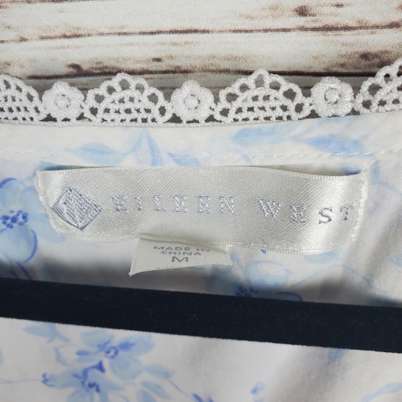 Eileen West Womens Medium White w/ Blue Flowers Cotton Cap Sleeve Short Gown - Picture 5 of 10